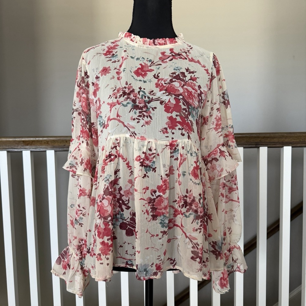 Sundance Catalog Floral Baby Doll Ruffle Blouse Top Small Sheer Coquette Cottage